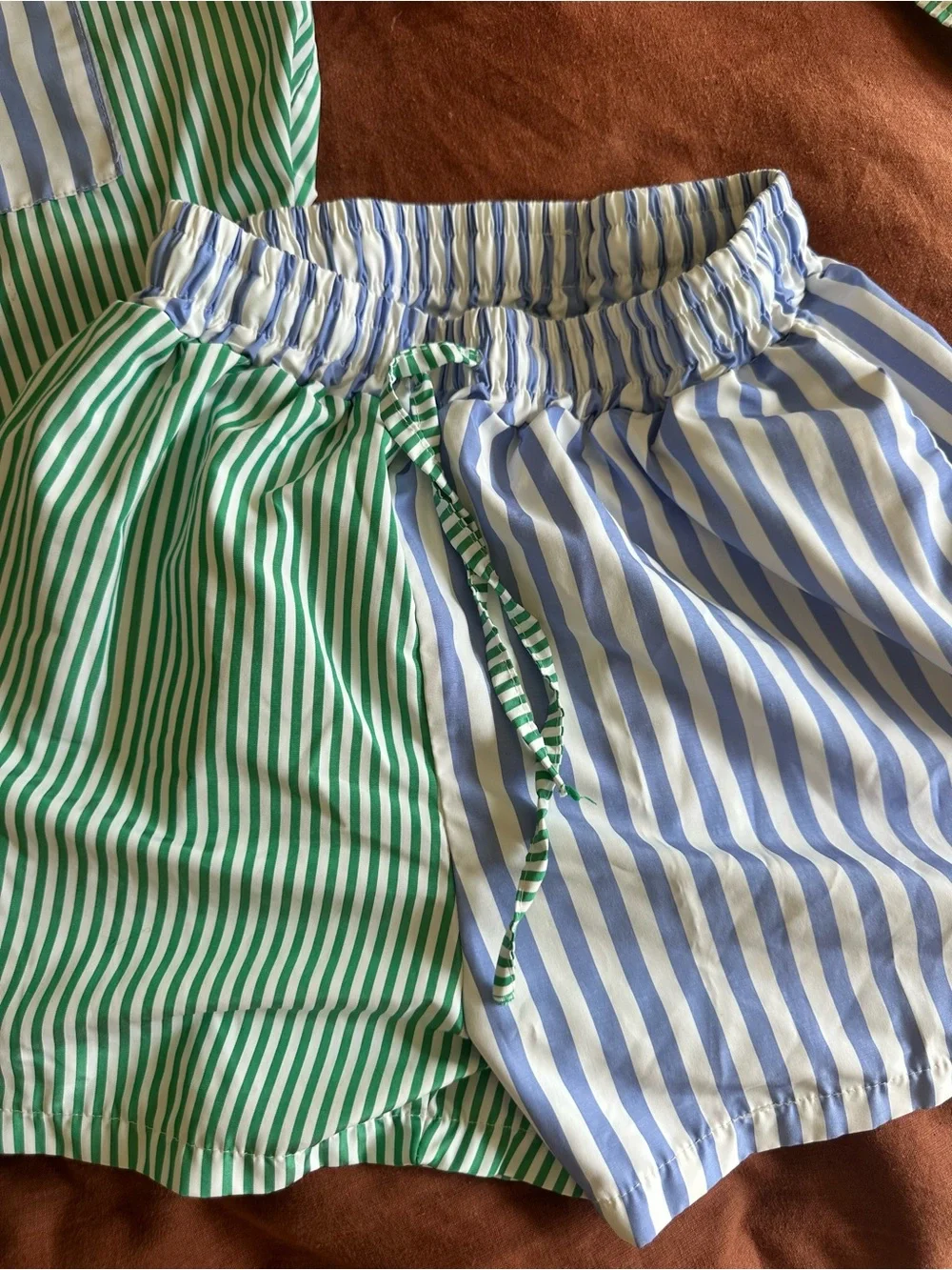 Striped Green & Blue Set - Classic Button Shirt & Shorts